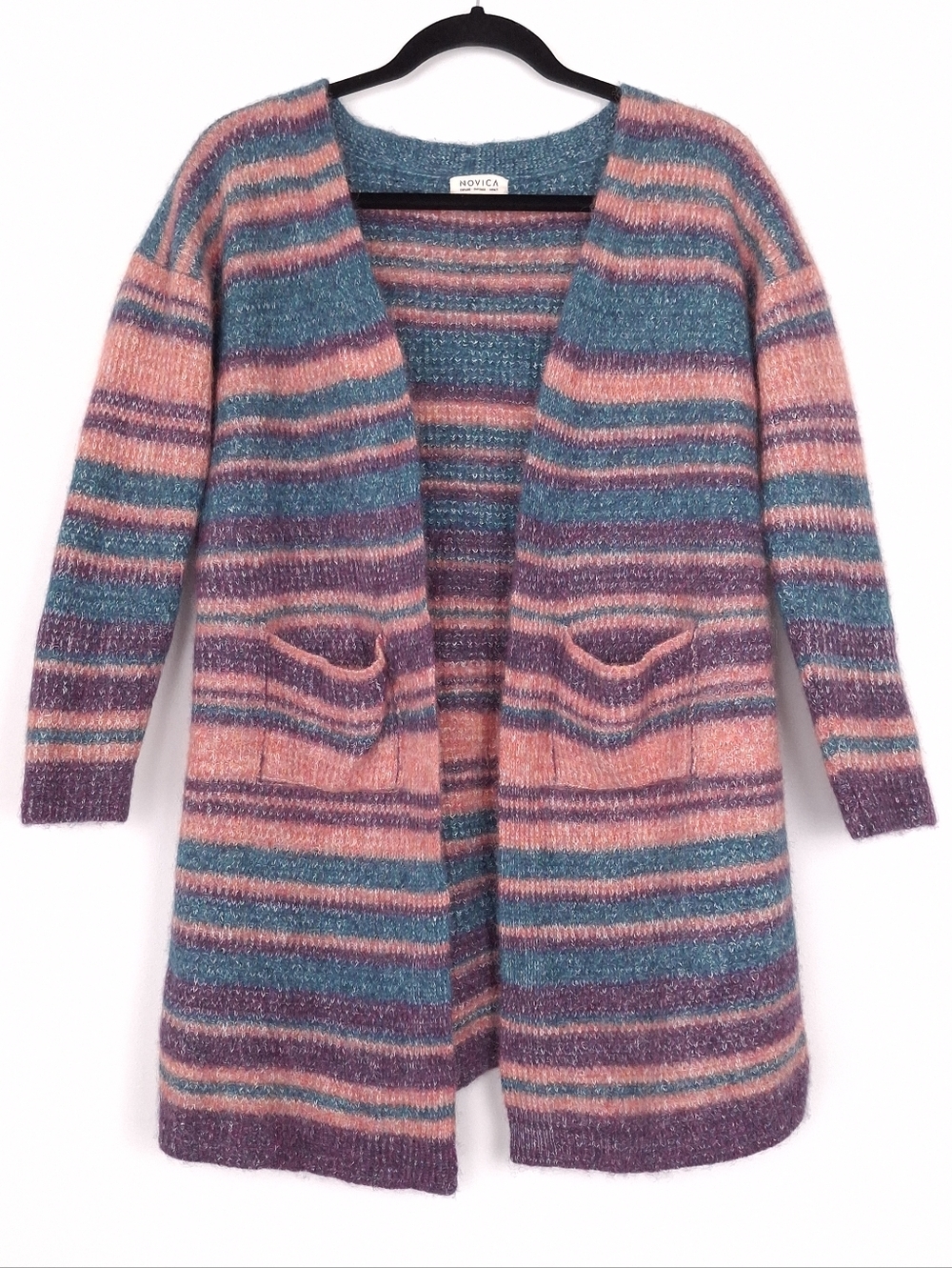 Novica baby alpaca wool open front cardigan striped boho artisanal layering soft